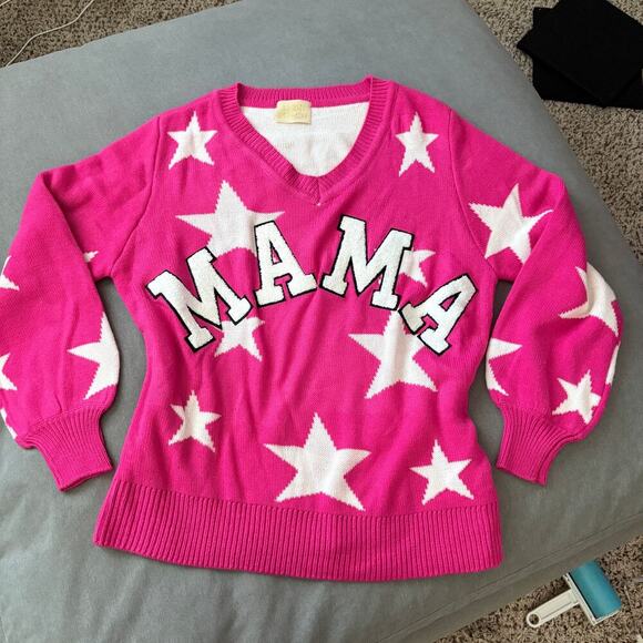 Judith March Sweaters - Judith March Hot Pink Star Mama Sweater V Neck Pullover Small Oversized Dopamine